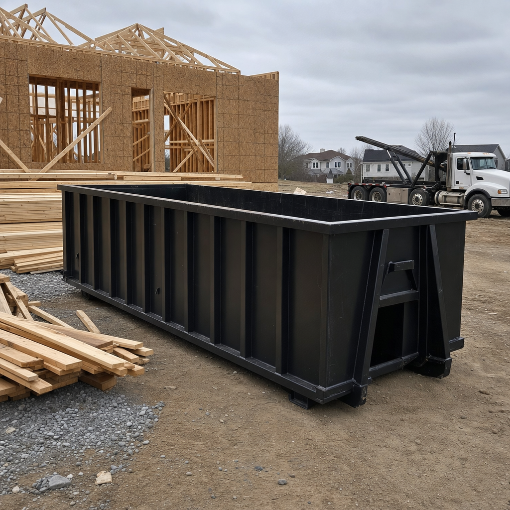 Matte-black 40-yard roll-off dumpster staged on a framed-out residential construction site in Mission, framing lumber stacked nearby, hooklift delivery truck visible in the background under bright Colorado daylight