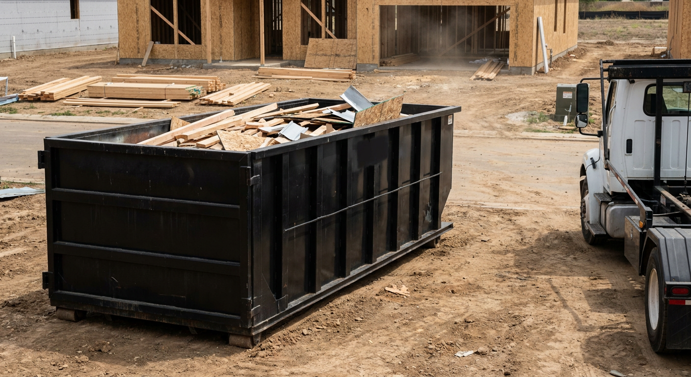 Matte-black 20-yard roll-off construction dumpster with heavy ribbed steel sidewalls and swing rear doors at a working jobsite in Mission, sitting directly on compacted dirt with an unmarked white hauler partially visible at the far edge of the frame.