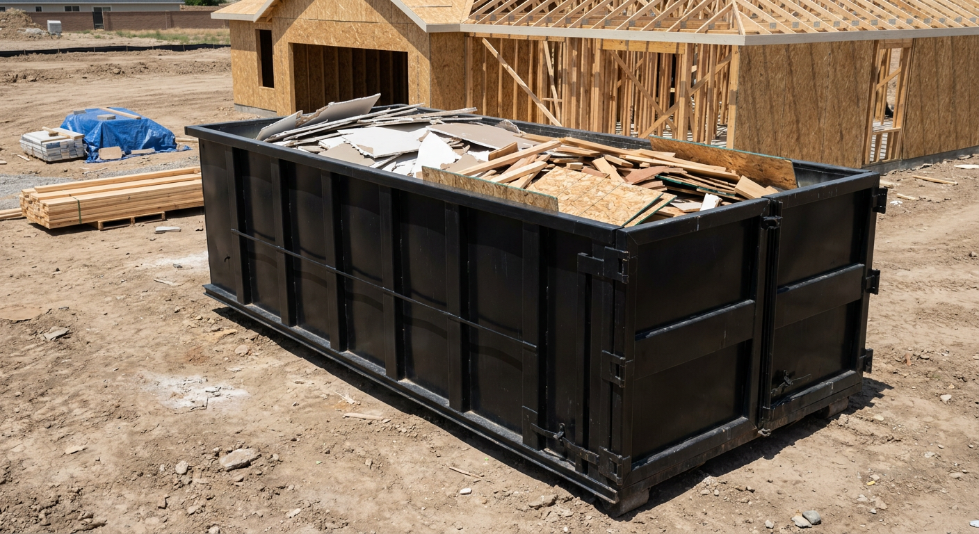 Matte-black 30-yard roll-off construction dumpster sitting directly on the compacted-dirt site of a framed single-family home build in Mission, drywall and lumber scrap loaded inside.