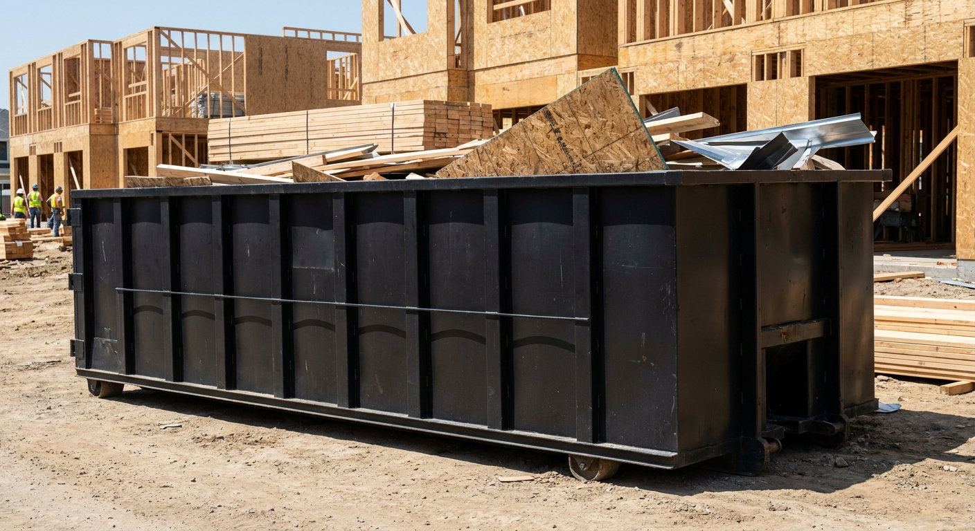 Matte-black 40-yard roll-off construction dumpster being lowered from a white-cab hooklift delivery truck onto the compacted-dirt jobsite at a commercial build site in Mission