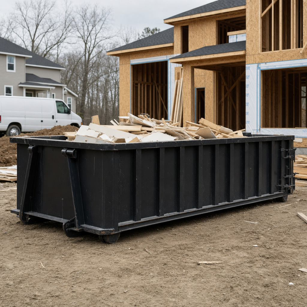 Worker in a yellow high-visibility vest tossing framing lumber and broken drywall into a matte-black 30-yard construction roll-off dumpster on an active build site in Mission, bright daylight