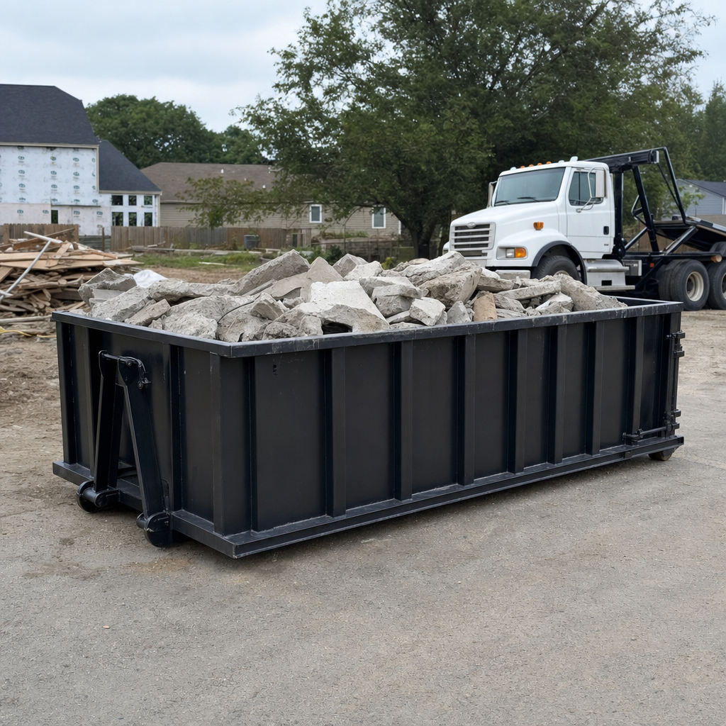Low-profile matte-black lowboy roll-off dumpster loaded with broken concrete slab and rebar at a foundation tear-out in Mission, skid steer parked beside it, sunny Colorado morning