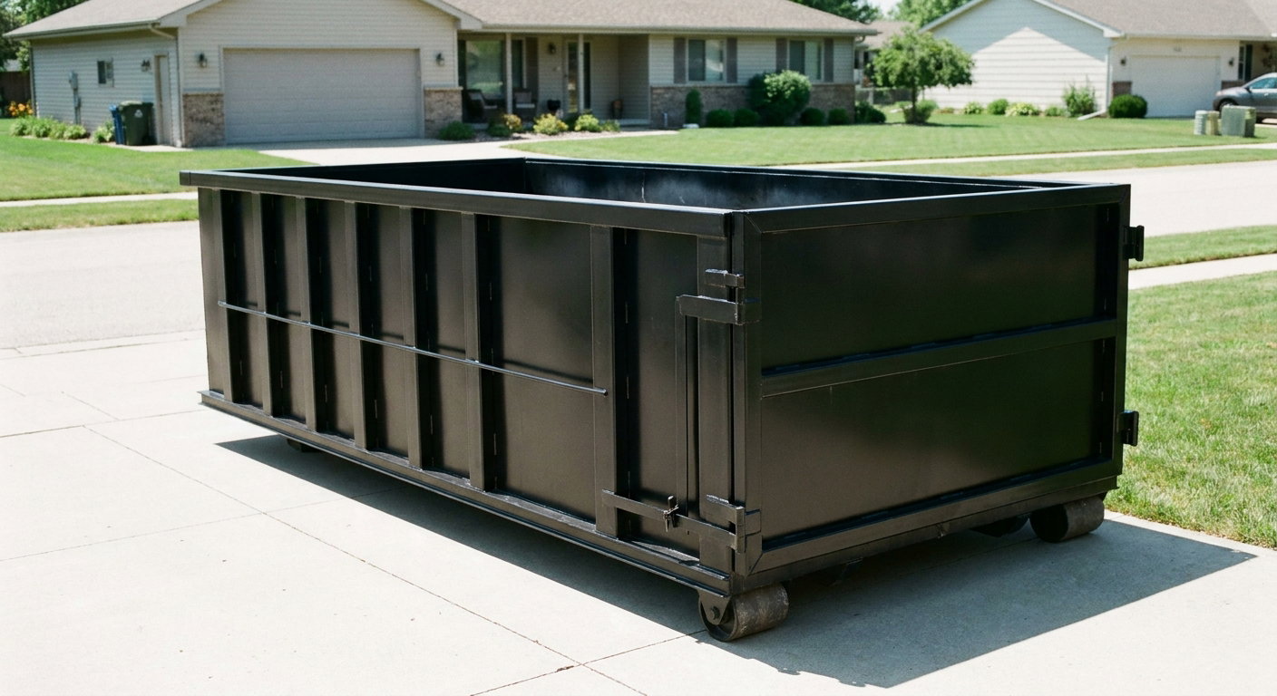 Matte-black 10-yard roll-off dumpster on a residential concrete driveway in Mission, uniformly painted matte black across every panel and rail, ribbed steel sidewalls and rear swing door visible, mid-day daylight.