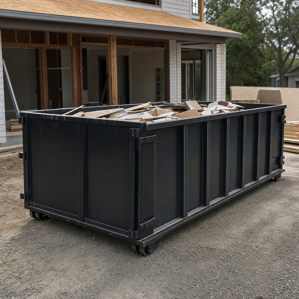 Large matte-black 30-yard construction roll-off dumpster at an active Mission jobsite, steel-gray top rails and bottom rollers visible, loaded with construction debris.