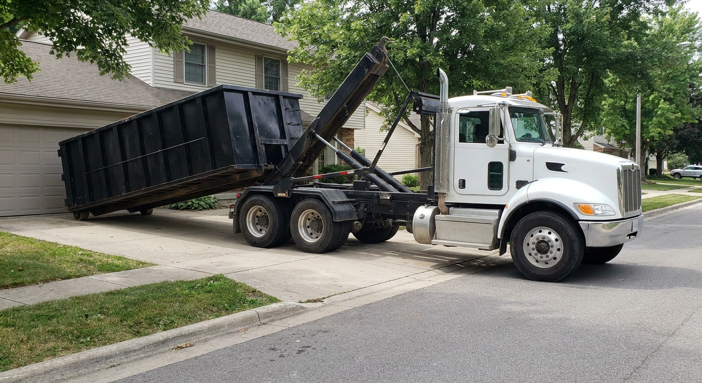 White-cab hooklift roll-off truck actively lowering a matte-black dumpster onto a Mission residential concrete driveway, the dumpster's rear wheels touching the driveway as the hoist arm tilts the bed forward, mid-morning daylight.