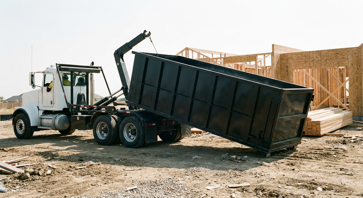 Matte-black roll-off dumpster being delivered onto a clean residential concrete driveway in Mission by an unmarked white hooklift hauler truck, bright morning daylight, documentary 35mm perspective.