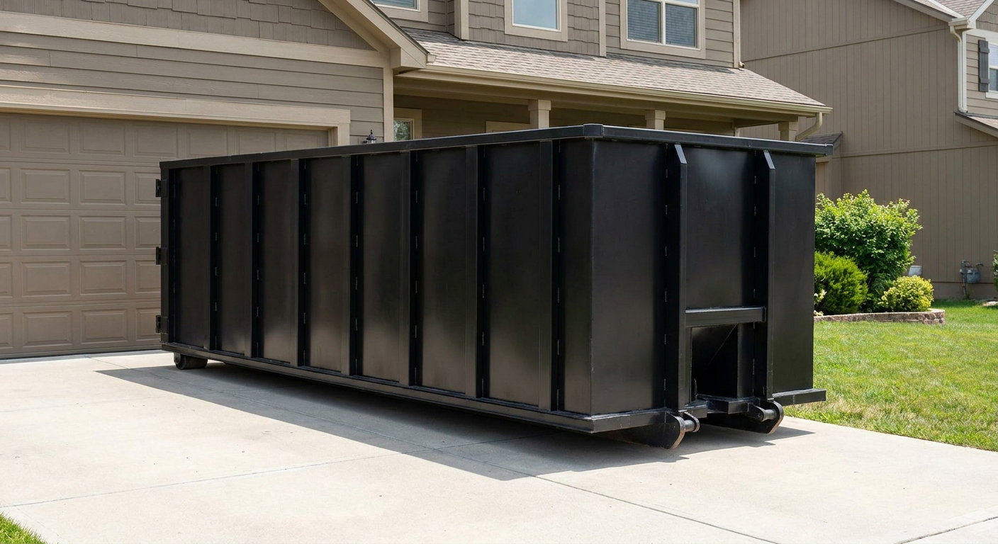 Matte-black residential roll-off dumpster sitting directly on a suburban Mission concrete driveway, garage door closed, single-family home in background, bright morning daylight.