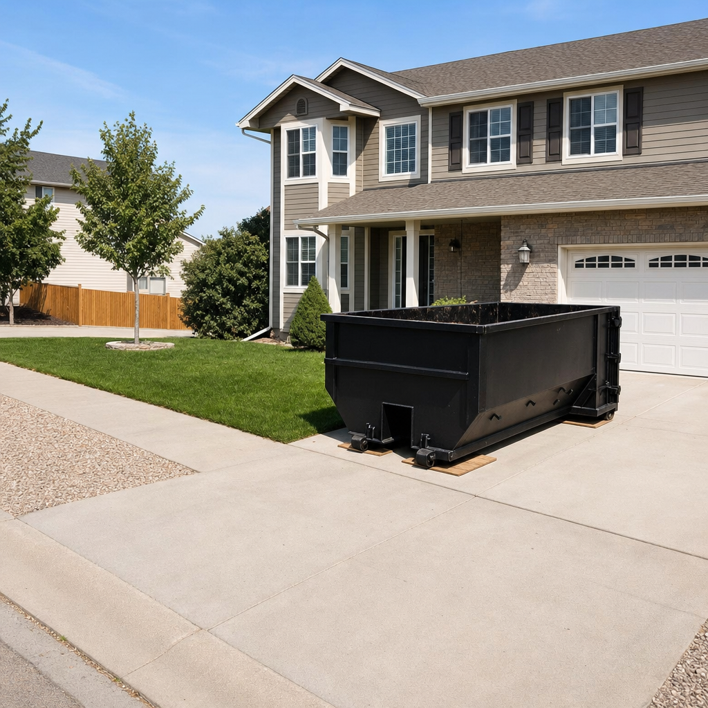 10-yard matte-black residential dumpster placed directly on a narrow Mission concrete driveway, room remains for a parked sedan beside it, mid-morning natural light