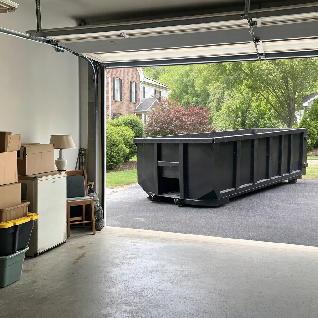 Open garage interior in a Mission home mid-cleanout — boxed items, an old appliance, and stacked yard tools queued near the driveway for a matte-black roll-off dumpster, organized and calm