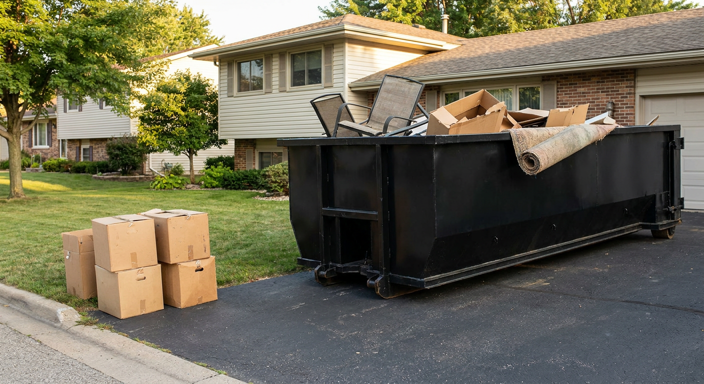 Front-yard view of a Mission split-level home with a 20-yard matte-black roll-off dumpster sitting directly on the asphalt driveway, a few clearly labeled donation boxes staged at the curb, calm sunny afternoon.
