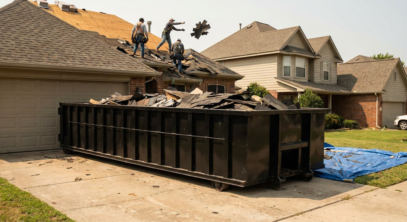 Matte-black roofing roll-off dumpster placed directly on a Mission residential concrete driveway, a tear-off crew on a two-story asphalt-shingle roof tossing shingle bundles into the low-walled container, bright daylight, documentary 35mm perspective.
