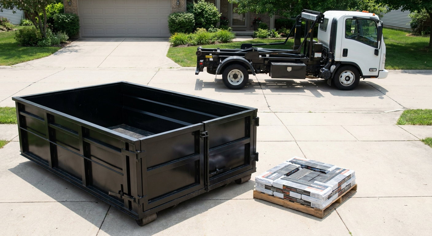 Matte-black 15-yard roofing roll-off dumpster with reinforced low side walls sitting directly on a Mission residential concrete driveway, three-tab asphalt shingle bundles stacked nearby, an unmarked white hauler truck partially visible at the edge of the frame.