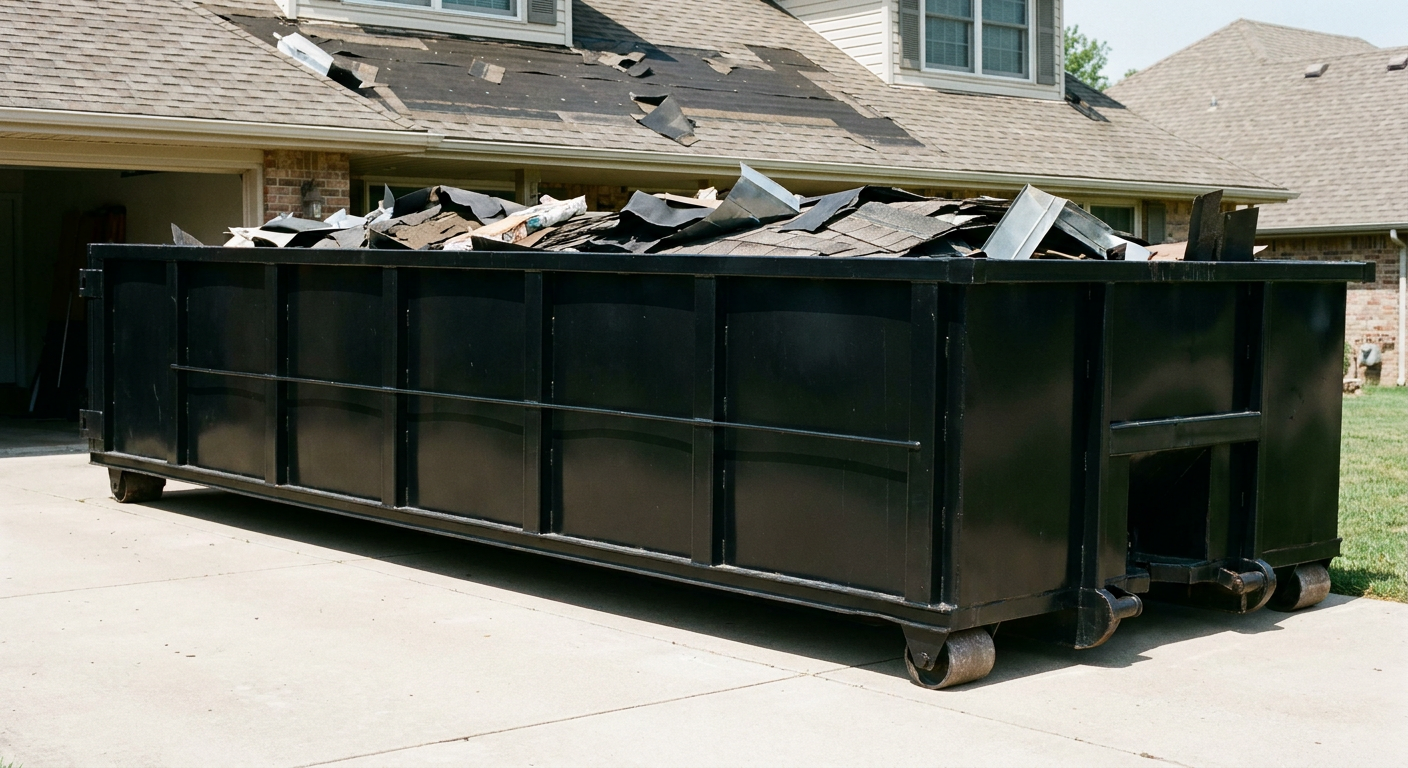 Matte-black 20-yard roofing roll-off dumpster with steel ribbed sides and swinging rear door, sitting directly on the concrete driveway of a two-story Mission home, asphalt shingle debris being loaded over the low wall, clean documentary lighting.
