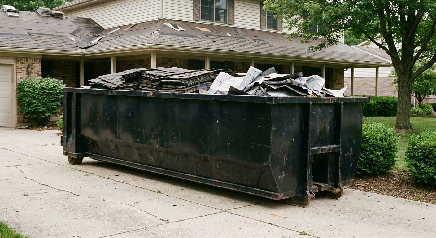 Matte-black 30-yard roofing roll-off dumpster sitting directly on a Mission concrete driveway, taller ribbed steel side panels, mixed tear-off debris of asphalt shingles and underlayment inside, professional documentary daylight.