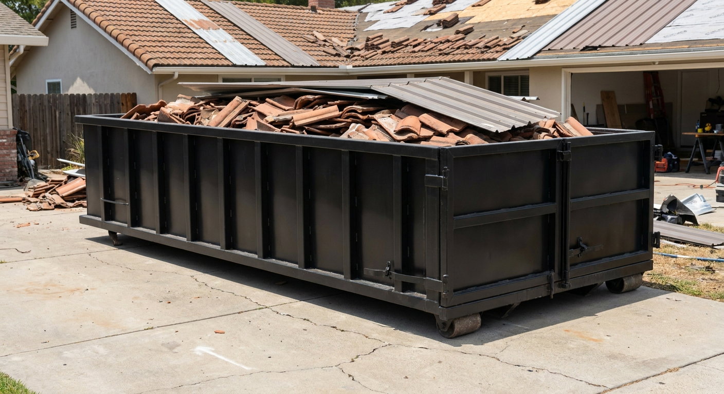 Matte-black low-wall heavy-debris roofing roll-off dumpster sitting directly on a Mission concrete driveway, broken concrete clay roof tiles and metal panel sections loaded inside, reinforced ribbed steel side walls visible, bright outdoor daylight.