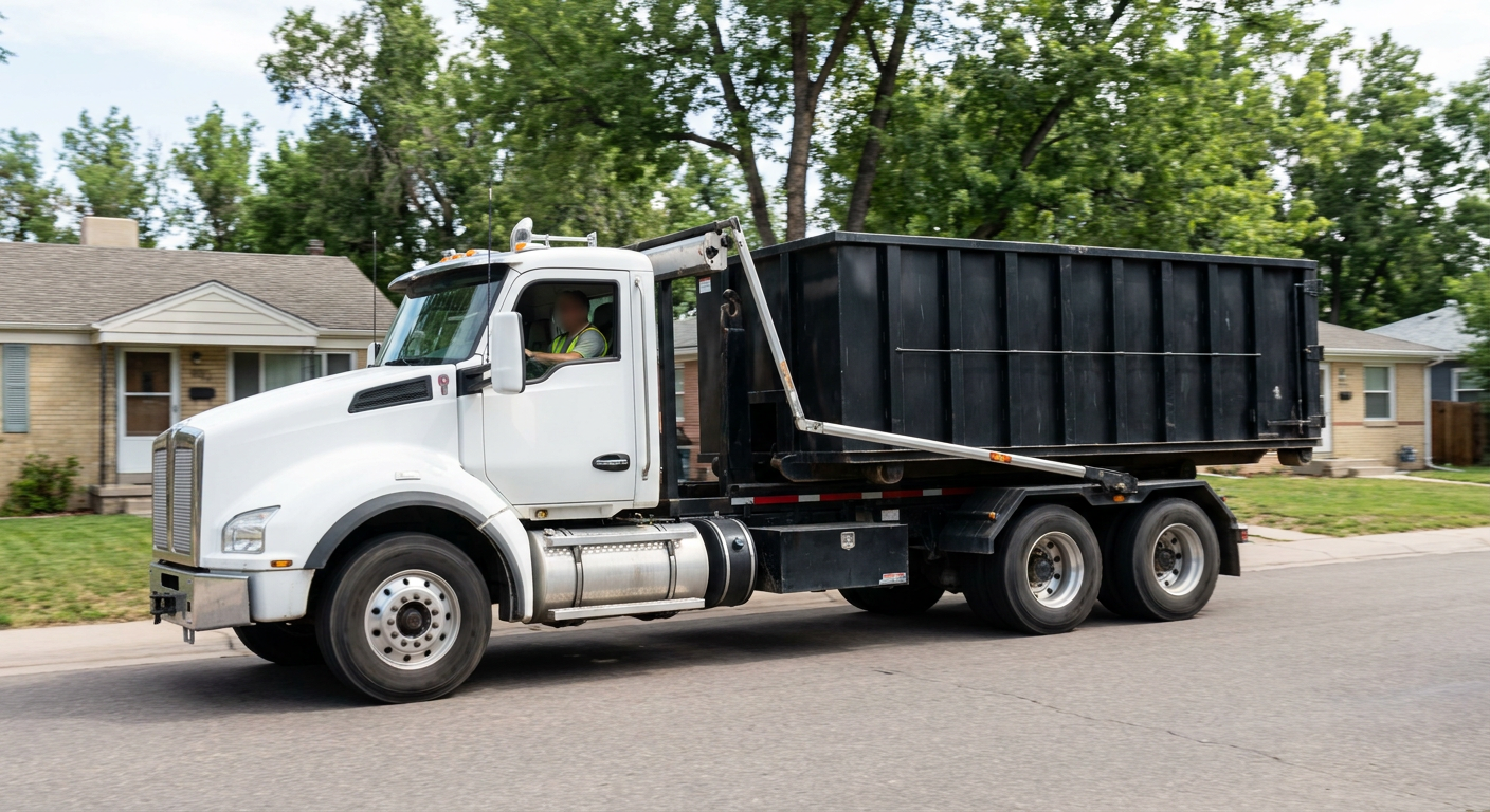 A wide documentary shot of a matte-black roll-off delivery truck pulling onto a quiet Mission residential street at mid-morning, with neighborhood rooftops and tree-lined blocks visible behind, showing the metro coverage footprint.