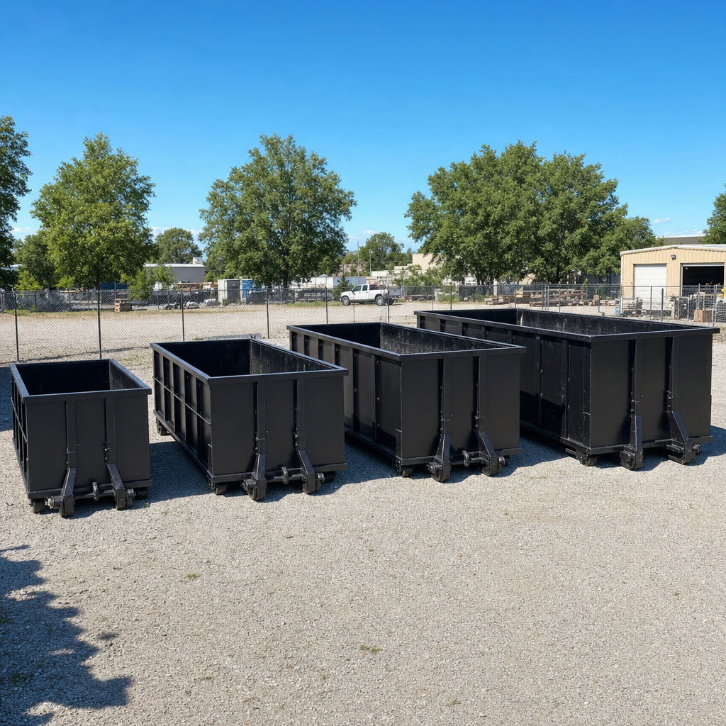 A clean lineup of matte-black roll-off dumpsters in 10, 20, 30, and 40-yard sizes staged on a sunlit gravel yard in Mission, showing the size progression from compact to commercial-scale containers.