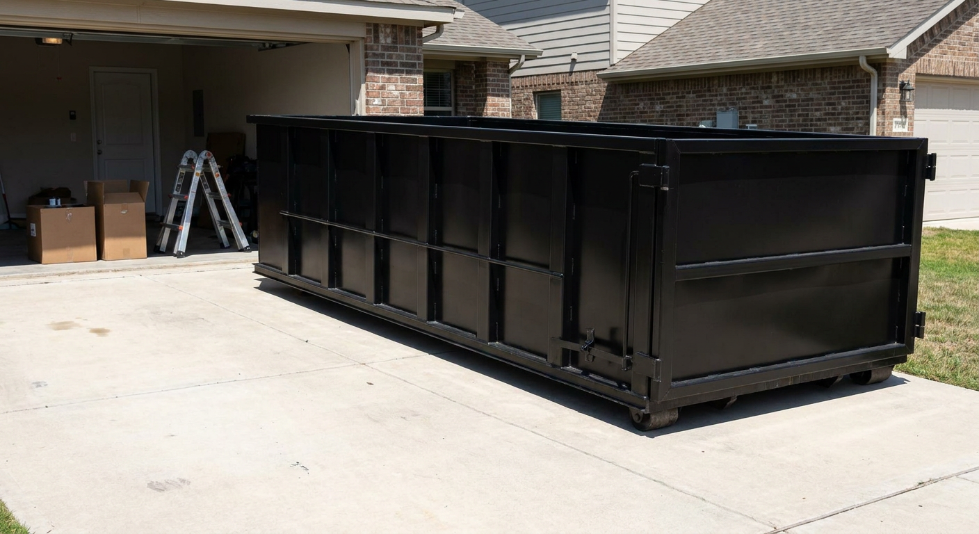 A matte-black 10-yard roll-off dumpster sitting directly on a residential Mission concrete driveway, mid-day sunlight, clean and ready for a garage cleanout.