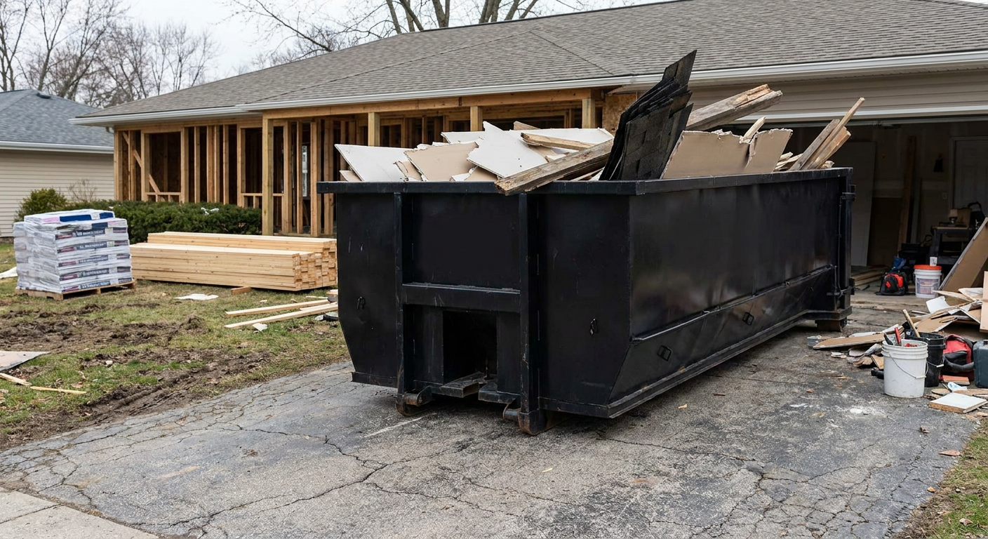 A matte-black 20-yard roll-off dumpster placed alongside a mid-renovation Mission home directly on the asphalt driveway, with framing materials and torn-off shingles staged neatly nearby.