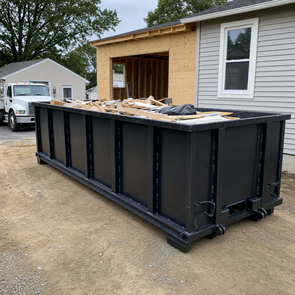 A matte-black 30-yard roll-off dumpster positioned at a Mission residential addition jobsite, with framing lumber and drywall scraps loaded through the open swinging rear doors.