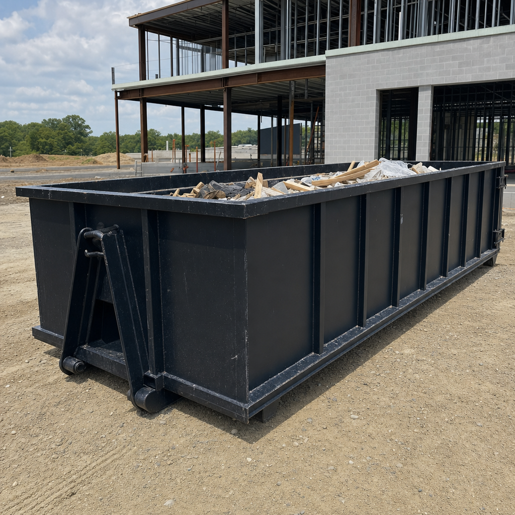 A matte-black 40-yard roll-off dumpster staged on a large Mission commercial construction lot, with a hooklift delivery truck parked alongside under bright midday sky.