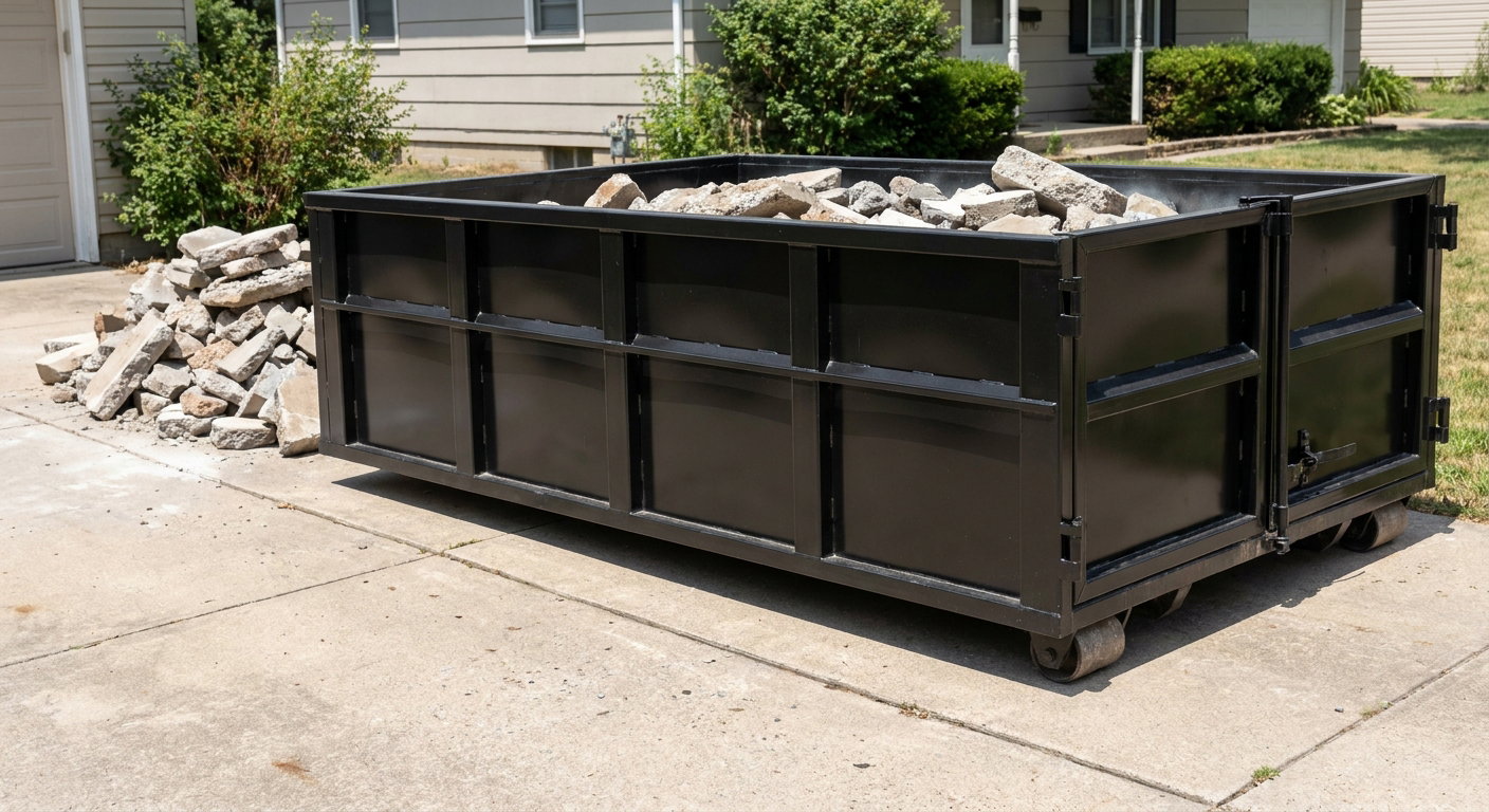 A matte-black low-side heavy-debris roll-off dumpster placed directly on a Mission concrete driveway, with broken concrete chunks neatly stacked beside it under clean daylight.